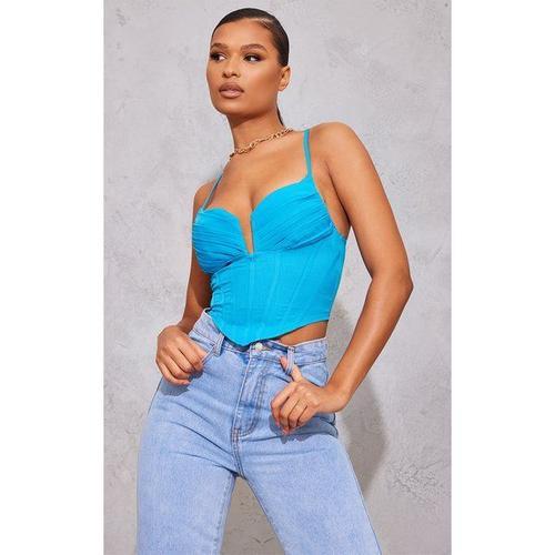 Crop Top Bleu Vif À Bretelles Et Corset Bustier Plissé, 32