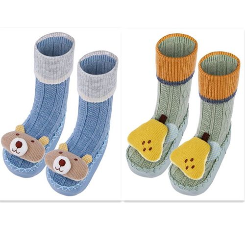 Chaussons Chaussettes Anti-Dérapantes Bébé Lot De 2 Bleu - Vert 12cm 6-12mois