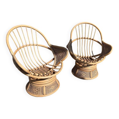 2 Fauteuils Pivotants Vintage En Bambou Milieu Xxme Bois