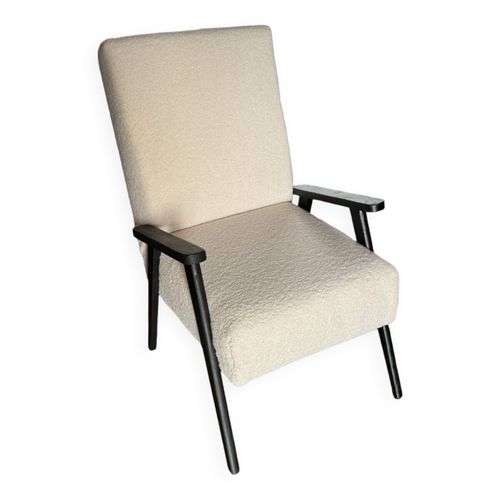 Fauteuil Style Scandinave Pieds Compas Vintage En Tissu Bouclette Et Bois Blanc