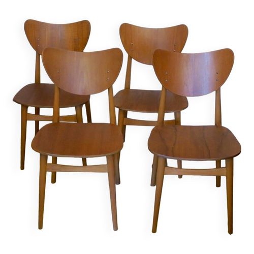 Lot De 4 Chaises De Salle  Manger Papillon En Teck Avec Dossiers Profils Annes 1960 Bois