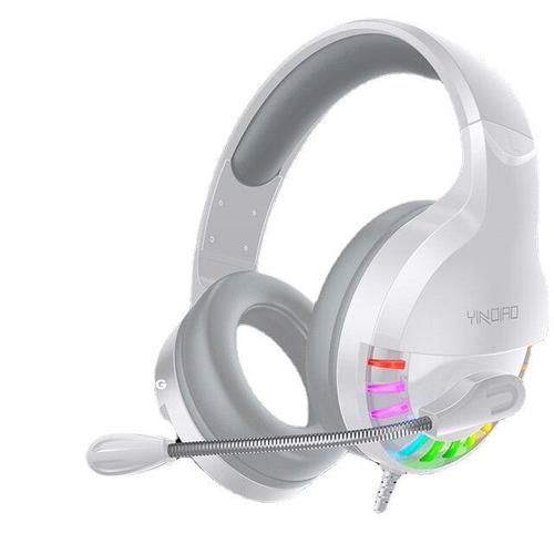 Casque de jeu filaire USB 3,5 mm AUX Over-Ear Surround Bass HD Voice Low Loss RGB Light Headphone avec micro,White