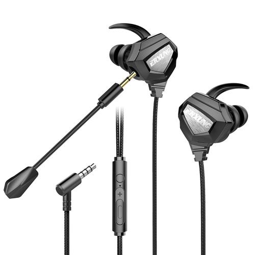 écouteurs de jeu filaires Strereo Dual Dynamic Noise Reduction écouteurs intra-auriculaires 3,5 mm Live Gamer Headset avec micro détachable pour ordinateur, PC, téléphone portable, noir et argent
