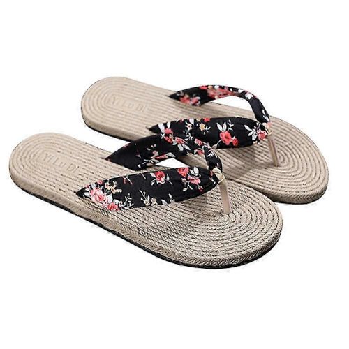 1 Pair Women'S Slippers Wedges Imitation Straw Flat Floral Casual Travel Simple Beach Shoes Bohemian Outgoing Sandals Slippers Size 39 (Black)