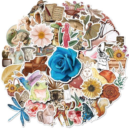 1 Bag Vintage Stickers 50 Pcs Multi Patterns Self-adhesive Waterproof Scratch Resistant Decorative Removable High Stickiness Decals for Students KAESI