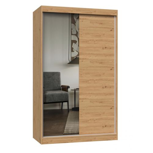 Paolo - Armoire À 2 Portes Coulissantes - 1 Miroir - L. 120 Cm - Dressing De Chambre 2 Portes - Chêne