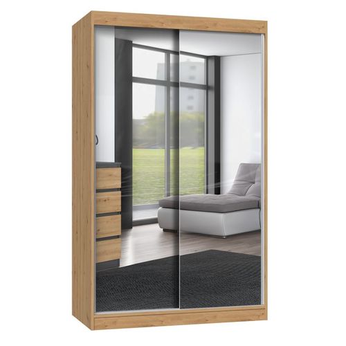 Paolo - Armoire À 2 Portes Coulissantes - 2 Miroirs - L. 120 Cm - Dressing De Chambre 2 Portes - Chêne