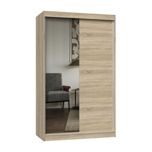 Paolo - Armoire À 2 Portes Coulissantes - 1 Miroir - L. 120 Cm - Dressing De Chambre 2 Portes - Sonoma
