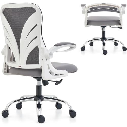 Chaise De Bureau Avec Dossier Pliable, Fauteuil Ergonomique Pour Ordinateur Avec Assise Élargie (52 Cm), Accoudoirs Pliables Et Support Lombaire En Maille Siège De Bureau, Blanc