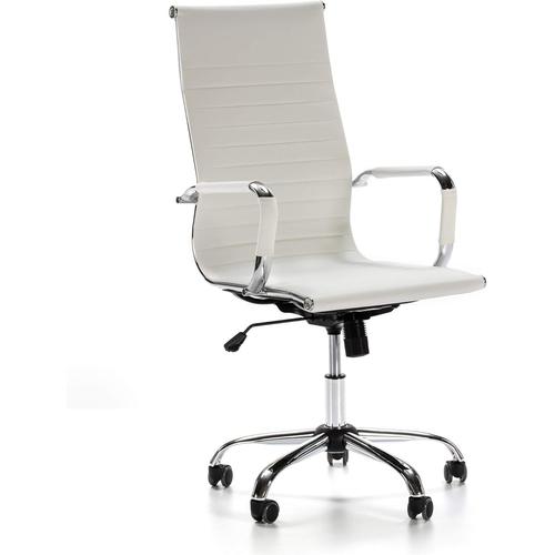 Fauteuil De Bureau Londres Inclinable Blanc, Cuir Synthétique, Chaise Executive Avec Appuie-Tête Et Coussin Rembourré, Hauteur Réglable, Design Ergonomique.