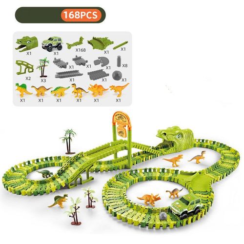 168 Pièces, Pistes De Course De Dinosaures Jeu De Jouets De Véhicules, Flexibles Avec 1 Voitures De Course Et 6 Jouets De Dinosaures