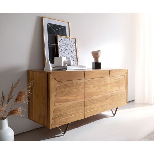 Commode Kayu Acacia Naturel 145x40x70 Cm 3 Portes Pied En V Buffet