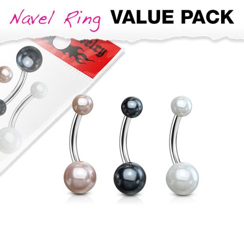 Lot 3 Piercings Nombril Deesse Nacré Ventre Boule Diamant Perle Bijoux Acier Chirurgical Inoxydable Anti Allergique Banane Barbell Lovepiercing