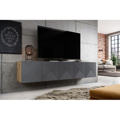 Meuble Tv Suspendu 200 Cm Alice Gris & Bois Naturel