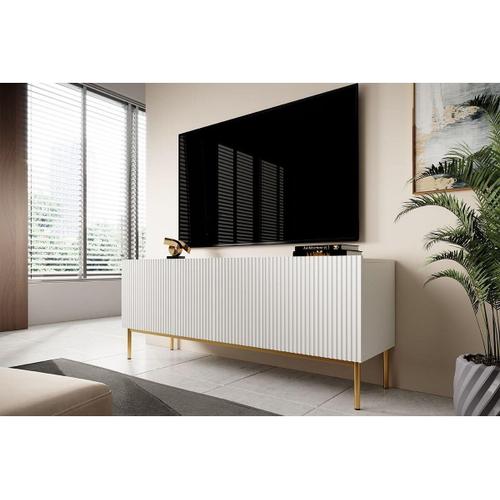 Meuble Tv 150 Cm Kasha Pieds Or Blanc Mat