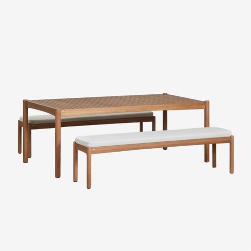Ensemble De Table Rectangulaire (200x100 Cm) Et 2 Bancs De Rangement En Bois D'eucalyptus Aderyn Bois Naturel