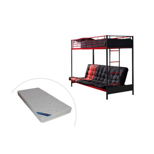 Lit Mezzanine 90 X 190 Cm - Avec Banquette Convertible - Métal - Noir Et Rouge + Futon + Matelas - Modulo V