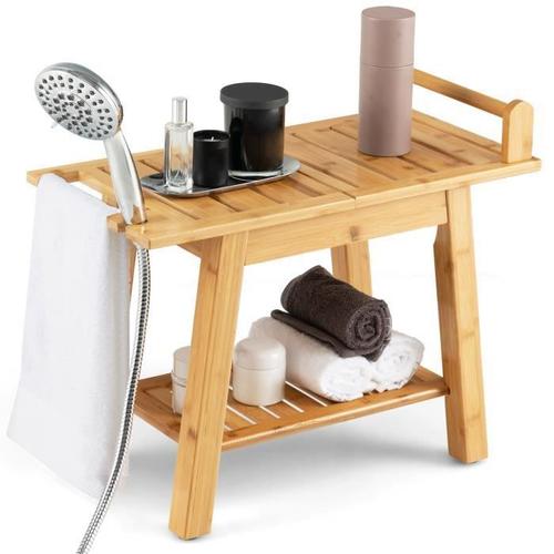 Costway Tabouret Salle De Bain En Bambou À 2 Niveaux Avec Etagère De Rangement, 2 Porte-Serviettes 1 Support De Douche 