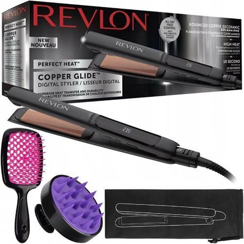 Lisseur Revlon Rvst2155 + Masseur De Cuir Chevelu Noir/Violet + Brosse À Cheveux Noire/Rose + Sac Pour Lisseur, 40x15 Cm Noir Avec I