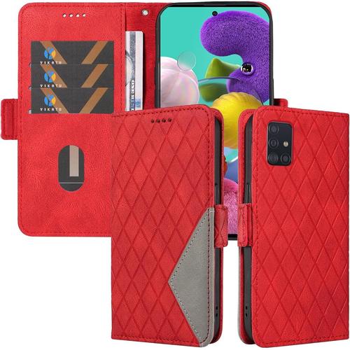 Coque Pour Samsung Galaxy A51 4g, Housse En Cuir Pu Portefeuille Pochette, Etui A Rabat De Protection Compatible Avec Samsung A51 4g, Rouge