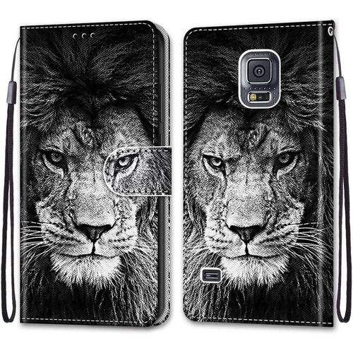 Etui A Rabat En Pu Cuir Pour Samsung Galaxy S5 Flip Coque De Protection Avec Motif Charmant Pochette En Simili Cuir Etui A Rabat Carte Fentes Coque Pour Samsung Galaxy S5 5.1"",Tete De Lion