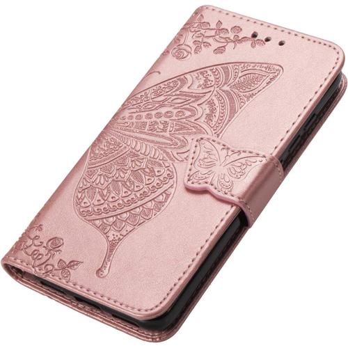 Coque Pour Samsung Galaxy A51 Etui, Magnetique Cuir Pu Flip Cover Case, Protection Antichoc, Motif Papillon, Housse Avec Carte Fentes/Stand Fonction. Or Rose