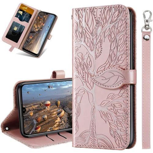 Coque Pour Samsung A30s Rabat Etui, Samsung A50 Protection Housse En Cuir Pu, Coques Portefeuille Pour Samsung Galaxy A30s / A50. Rx2 Tree Rose Gold