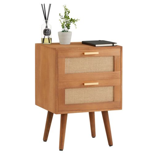 Table De Chevet Waman Petite Commode De Nuit Avec 2 Tiroirs, En Bois De Paulownia Lasuré Brun Et Lin Naturel, Style Vintage