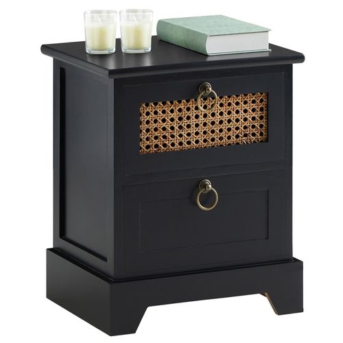 Table De Chevet Padma 2 Tiroirs, Table De Nuit Design Vintage En Bois Lasuré Noir Et Rotin