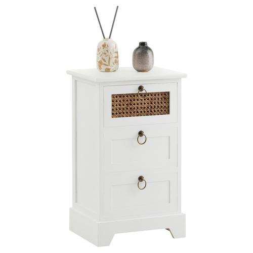 Chiffonnier Raja Petite Commode Avec 3 Tiroirs, Style Vintage Bohême, En Bois De Paulownia Lasuré Blanc Et Rotin