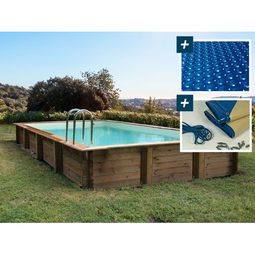 Piscine bois en kit rectangle " Tampa " - 7.20 x 4.20 x 1.44 m - Bâche à bulles 400 µ - Bâche hiver 280 g/m²