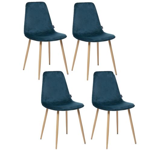Lot De 4 Chaises En Polyester Effet Velours Et Pieds En Fer Roka - Bleu Canard