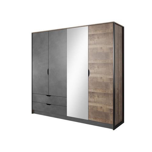 Armoire 4 Portes Et 2 Tiroirs - Avec Miroir - L220 Cm - Coloris : Naturel Et Anthracite - Laonile