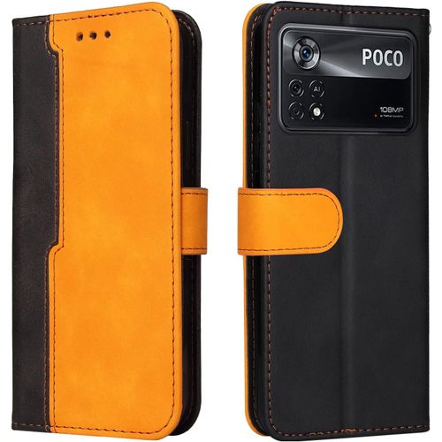 Housse Pour Telephone Xiaomi Poco X4 Pro 5g(Pocophone X4 Pro) Etui, Pu/Tpu Retro Retourner Cuir Coque Magnetique Anti Chute Portefeuille Protection Case Cover, Orange