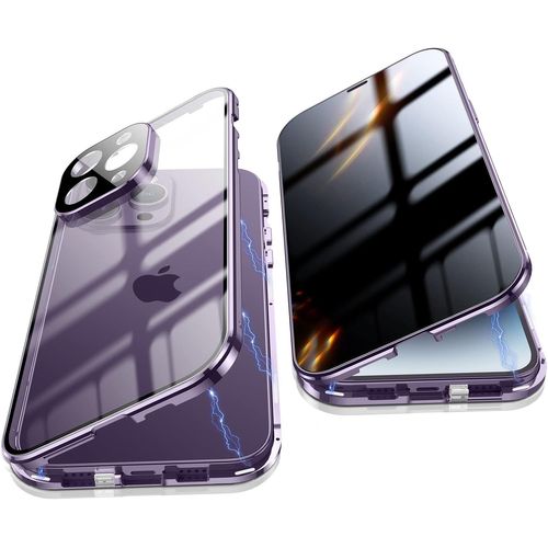 Anti Peeping Coque Pour Iphone 14 Pro, 360 Degres Protection Housse, Privacy Verre Trempe Anti Espion Case Cover, Dadsorption Magnetique Bumper Metal Frame Etui Pour 14 Pro (6,1"") (Violet)