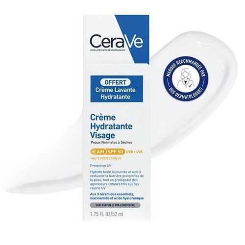 Cerave Crème Hydratante Visage Spf 50 52 Ml + Crème Lavante 20 Ml Offert 