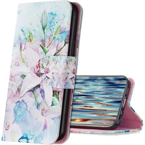 Xiaomi Redmi Note 10 Pro Coque, Housse En Cuir Xiaomi Redmi Note 10 Pro, Antichoc Etui A Rabat Pu Portefeuille Housse De Protection Pour Xiaomi Redmi Note 10 Pro. Hx2 Lily Flower