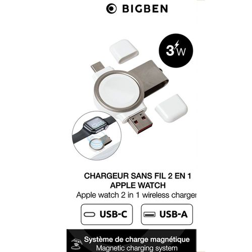 Chargeur Sans Fil Magnétique Pour Apple Watch 7/6/Se/5/4 2 En 1 Usb A + Usb C Blanc Bigben