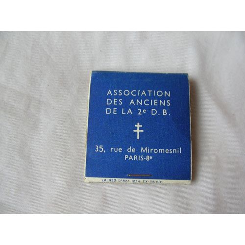 Ww2/Postwar France Pochette D'allumettes Francaises Pleine Association Ancien 2e D.B. Rare