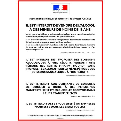 Alcool - Protection Des Mineurs Et Répression De L'ivresse - Consommation Sur Place - Autocollant Waterproof - L.148 X H.210 (Lot 1)