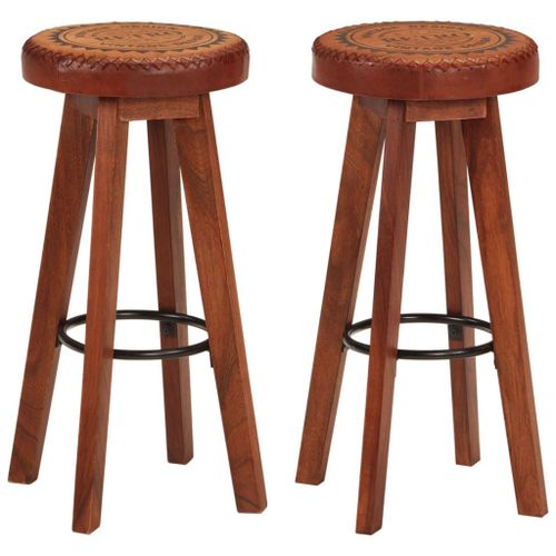 Vidaxl Tabourets De Bar 2 Pcs Cuir Véritable Et Bois D'acacia Solide