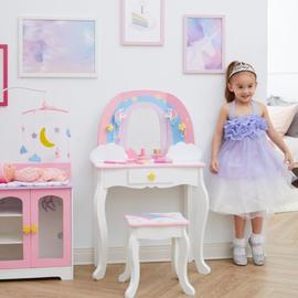 Coiffeuse enfant en bois table maquillage miroir tabouret Fantasy