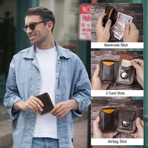 CONTACT'S – Mini portefeuille en cuir véritable pour hommes, étui AirTag,  porte-cartes, petit porte-monnaie YKK avec fermeture éclair autour,  pochette