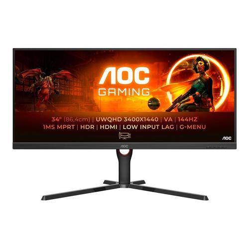 AOC Gaming U34G3XM - G3 Series - écran LED - jeux - 34" - 3440 x 1440 UWQHD @ 144 Hz - VA - 300 cd/m² - 3000:1 - HDR10 - 1 ms - 2xHDMI, DisplayPort - noir, rouge