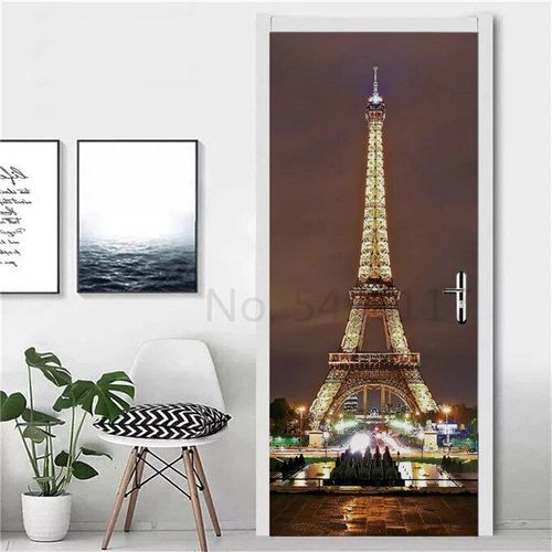 Autocollant Tour Eiffel pour Réfrigérateur,Couverture de Porte,Papier Peint en Vinyle,Congélateur,Film Complet 3D,Affiche Auto-Adhésive,Décoration Murale
