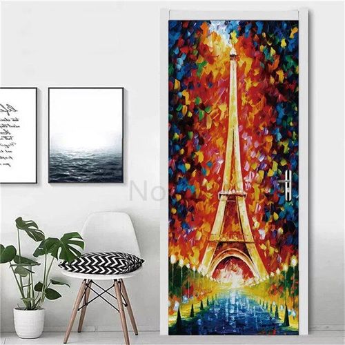 Autocollant Tour Eiffel pour Réfrigérateur,Couverture de Porte,Papier Peint en Vinyle,Congélateur,Film Complet 3D,Affiche Auto-Adhésive,Décoration Murale