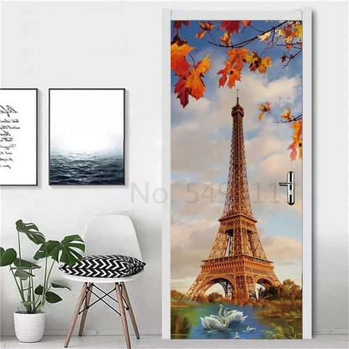 Autocollant Tour Eiffel pour Réfrigérateur,Couverture de Porte,Papier Peint en Vinyle,Congélateur,Film Complet 3D,Affiche Auto-Adhésive,Décoration Murale
