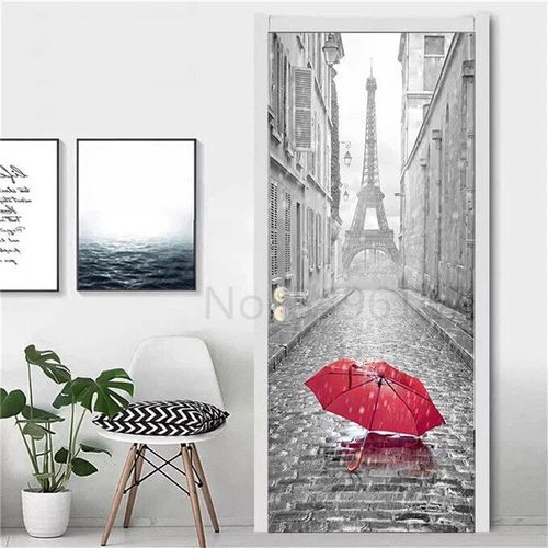 Autocollant Tour Eiffel pour Réfrigérateur,Couverture de Porte,Papier Peint en Vinyle,Congélateur,Film Complet 3D,Affiche Auto-Adhésive,Décoration Murale