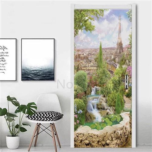 Autocollant Tour Eiffel pour Réfrigérateur,Couverture de Porte,Papier Peint en Vinyle,Congélateur,Film Complet 3D,Affiche Auto-Adhésive,Décoration Murale