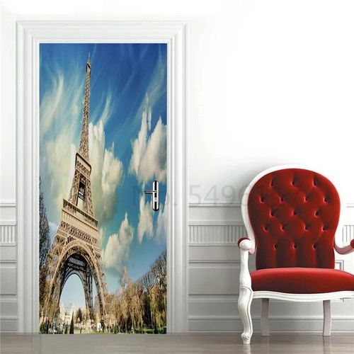 Autocollant Tour Eiffel pour Réfrigérateur,Couverture de Porte,Papier Peint en Vinyle,Congélateur,Film Complet 3D,Affiche Auto-Adhésive,Décoration Murale
